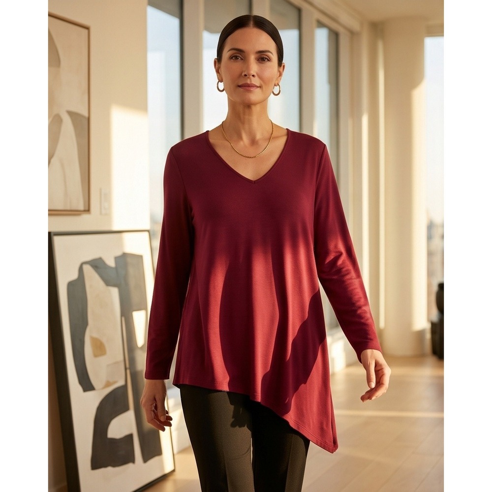Chico's 3 Burgundy Red Modal V-Neck Asymmetrical Long Sleeve Top XL